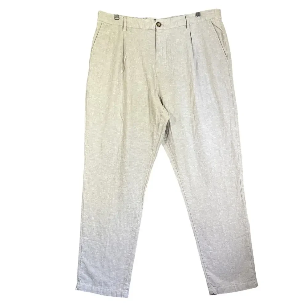 Old Navy Pants Men XL Tan Linen Blend Loose Taper Pleated Lightweight Drawstring